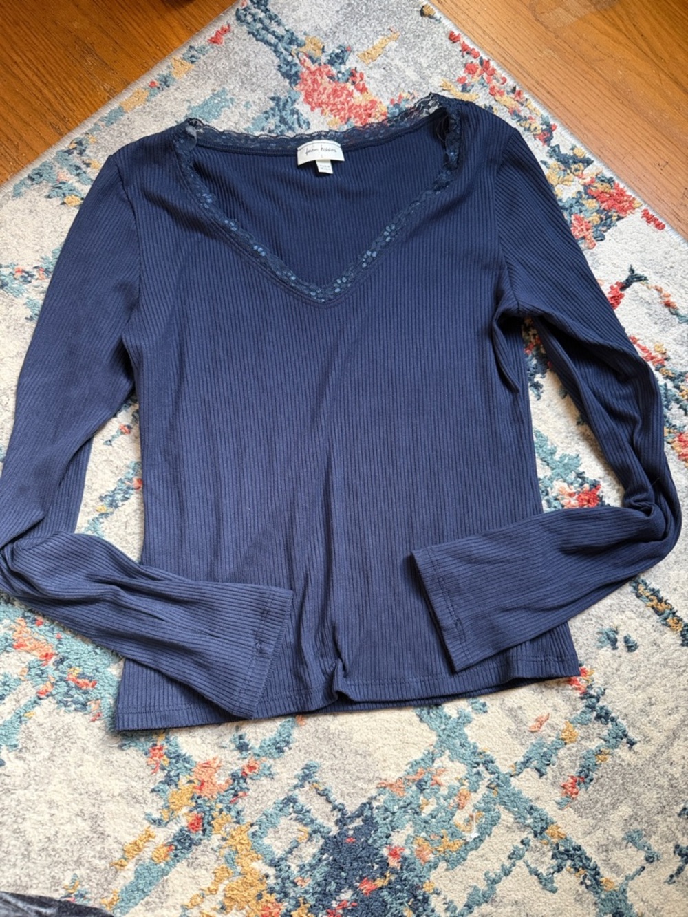 Navy Ribbed Long-Sleeve Lace-Trim V-Neck Top